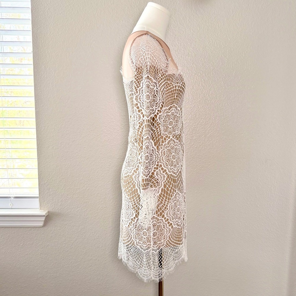 For Love & Lemons Grace Bridal Ivory Lace Mini Dress XS Nude Mesh Long Sleeve - Picture 9 of 16